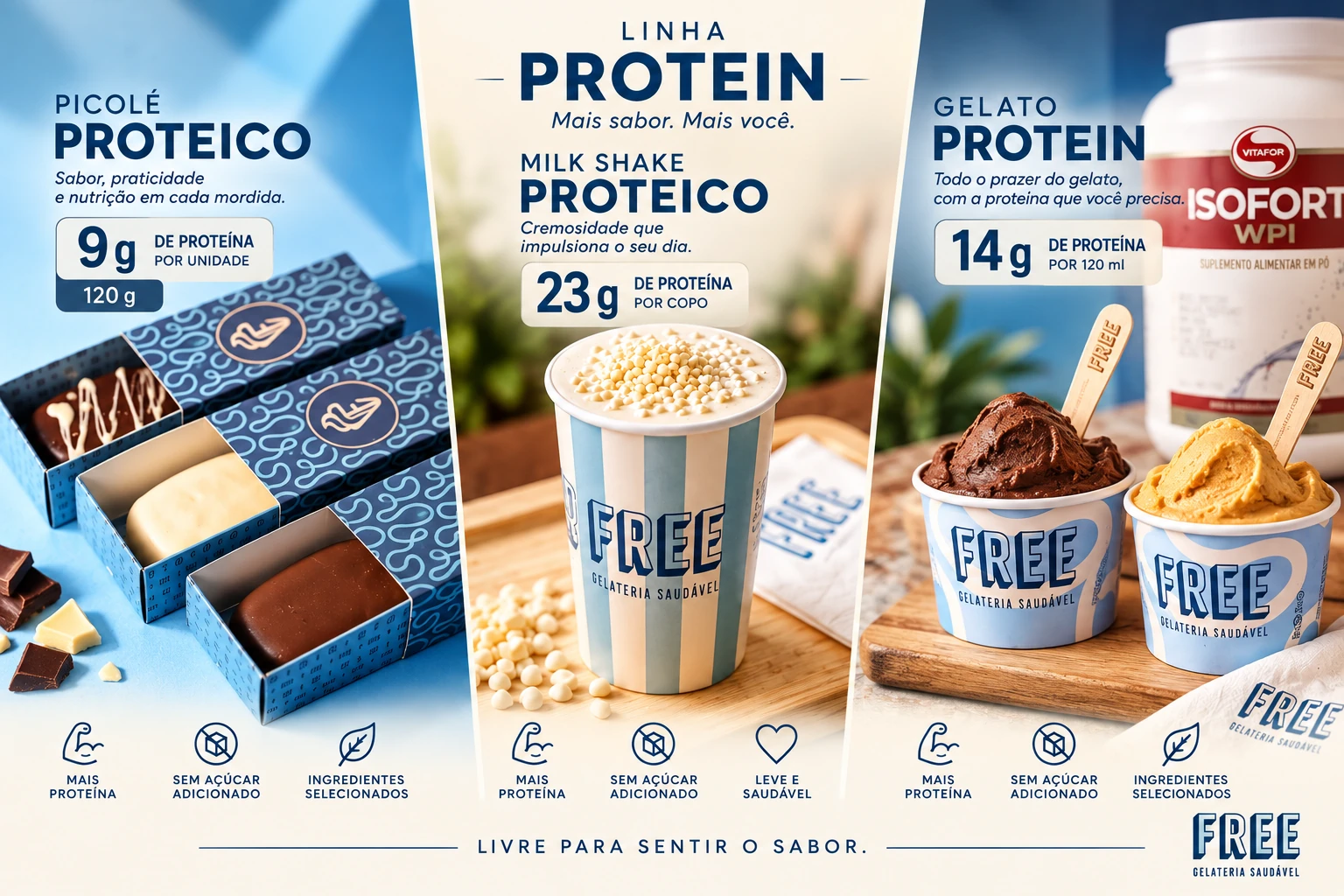 Linha Protein Free com picolé proteico, milk shake proteico e gelato protein